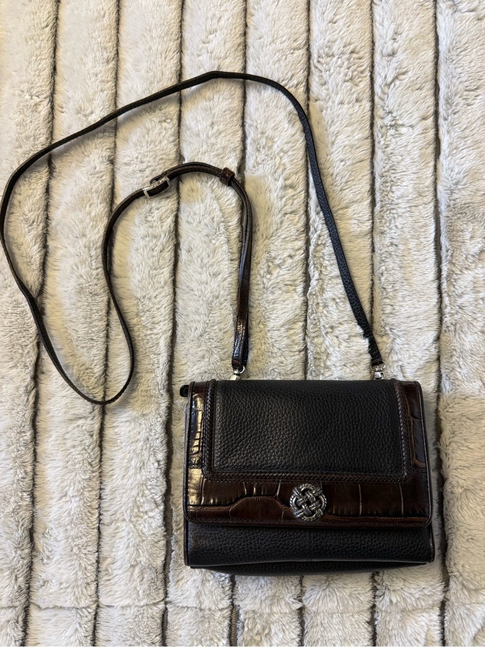 Brighton Black and Dark Brown Leather Crossbody with Croc Accents
